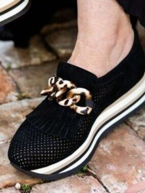 Softwaves Cadie Black Suede Platform Loafers Chain Fringe Comfort Shoe